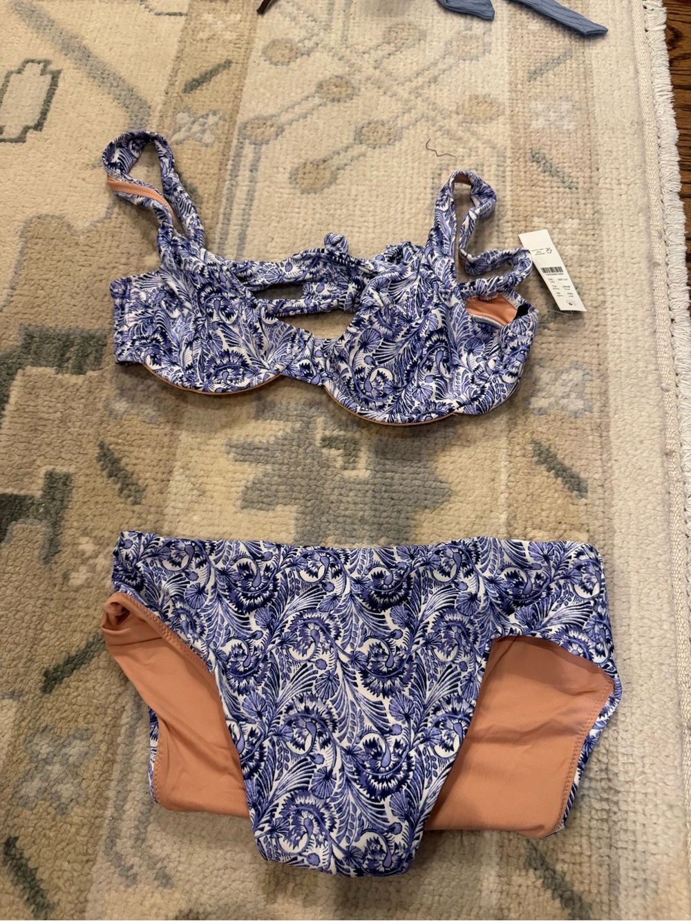 J. Crew Blue Paisley Two-Piece Bikini with Peach Lining